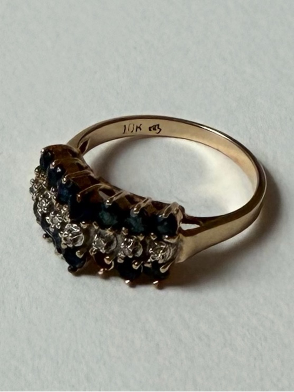 10k gold vintage sapphire and diamond tiered three row gemstone ring